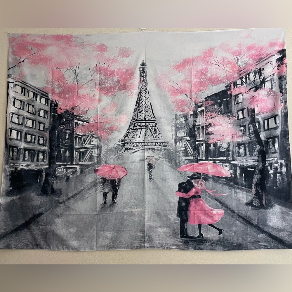 Extra Large Wall Tapestry 78” x 60” Paris theme Pink Eiffel Tower Like New